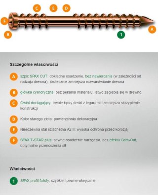 WKRĘT TARASOWY A2 (100) TX 5.0*60MM SPAX-D STARE ZŁOTO SPAX