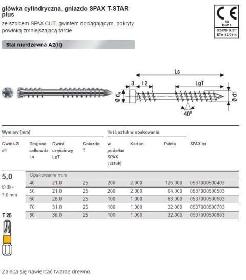 WKRĘT TARASOWY A2 (100) TX 5.0*70MM SPAX-D SPAX