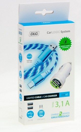 ŁADOWARKA SAMOCHODOWA 12V 3.1 A USB A + USB C + KABEL 1M LED DLG