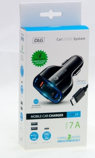 ŁADOWARKA SAMOCHODOWA 12V 7A 2*USB A 1*USB C + KABEL 1.2M DLG