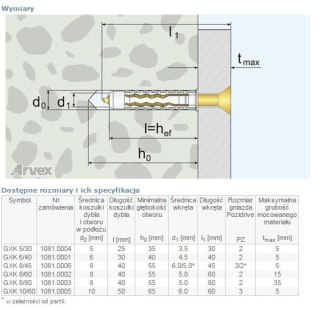 DYBEL UNIWERSALNY ŁEB Z NACIĘCIEM KRZYŻOWYM GXK 8/60MM ARVEX