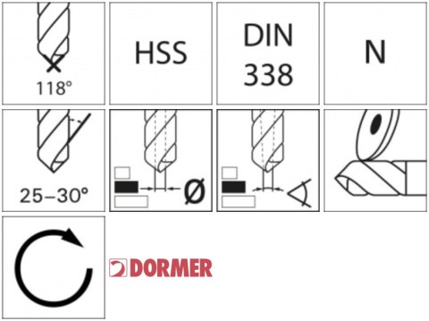 Wiertlo krete HSS DIN338N12,3mm 118G typ N 4xD A00212.3 TiN Tip Dormer