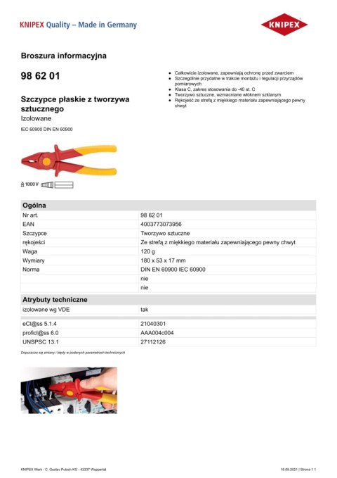 SZCZYPCE PŁASKIE Z TWORZYWA SZTUCZNEGO IZOLOWANE 180MM KNIPEX